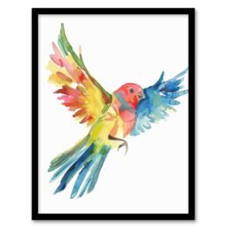 "Artery8 Colourful Parrot Spread Wings Flying Watercolour Framed Wall Art - Size: W12"" x H16""" - thumbnail 1