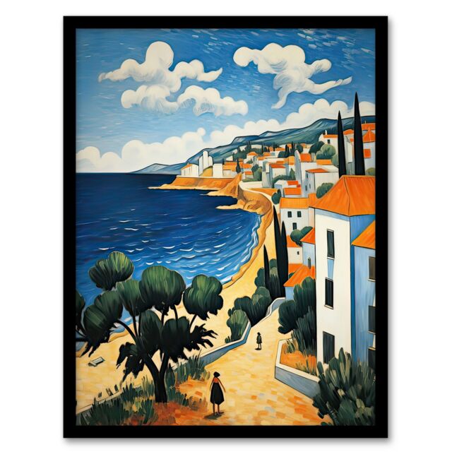 Artery8 Wall Art Print Italian Coastal Cityscape at Summer Oil Painting Framed in Blue - Size: A4 - image 1