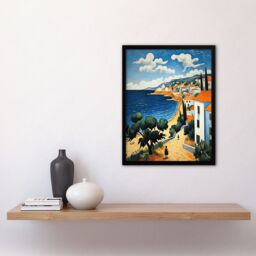 Artery8 Wall Art Print Italian Coastal Cityscape at Summer Oil Painting Framed in Blue - Size: A4 - thumbnail 4