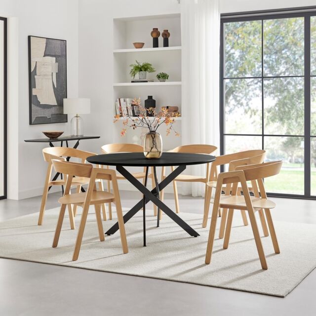 FurnitureboxUK Novara 120cm Black Top Round Dining Table & 6 Oak Masa Chairs - image 1