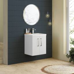 Balterley Modern Bathroom 2 Soft Close Door Wall Hung Vanity Unit & Rectangular Mid-Edge Basin, Gloss White, 500 mm in White - thumbnail 4