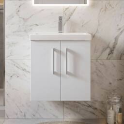 Balterley Modern Bathroom 2 Soft Close Door Wall Hung Vanity Unit & Rectangular Mid-Edge Basin, Gloss White, 500 mm in White - thumbnail 9
