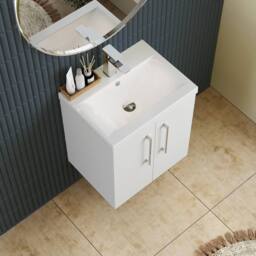 Balterley Modern Bathroom 2 Soft Close Door Wall Hung Vanity Unit & Rectangular Mid-Edge Basin, Gloss White, 500 mm in White - thumbnail 3