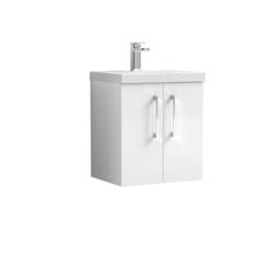 Balterley Modern Bathroom 2 Soft Close Door Wall Hung Vanity Unit & Rectangular Mid-Edge Basin, Gloss White, 500 mm in White - thumbnail 1