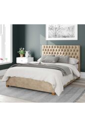 Aspire Nightingale Upholstered Ottoman Storage Bed, Kimiyo Linen Fabric in Beige - Size: Super King