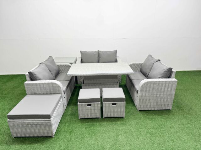 Fimous 9 Seater PE Wicker Rattan Furniture Sofa Sets with Adjustable Lifting Dining or Coffee Table 2 Seater Love Sofa 3 Stool Side Table Light Grey - image 1