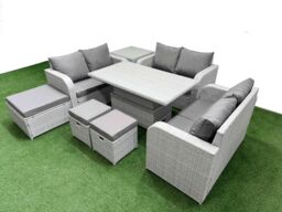 Fimous 9 Seater PE Wicker Rattan Furniture Sofa Sets with Adjustable Lifting Dining or Coffee Table 2 Seater Love Sofa 3 Stool Side Table Light Grey - thumbnail 2