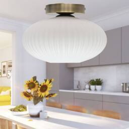 First Choice Lighting Baton - White Ribbed Oval Glass Antique Brass Ceiling Light Fitting - thumbnail 4