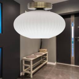 First Choice Lighting Baton - White Ribbed Oval Glass Antique Brass Ceiling Light Fitting - thumbnail 3