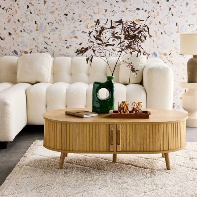 sweeek Coffee Table With Sliding Doors & Grooved Wooden-effect Compartments in Light Brown - image 1