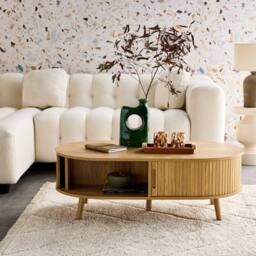 sweeek Coffee table with sliding doors & grooved wooden-effect in Beige - thumbnail 3