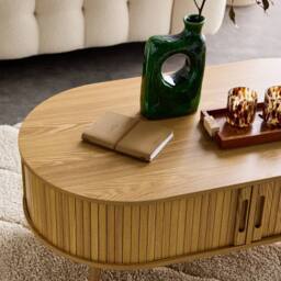 sweeek Coffee Table With Sliding Doors & Grooved Wooden-effect Compartments in Light Brown - thumbnail 6