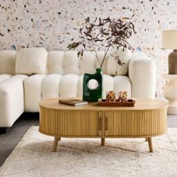 sweeek Coffee Table With Sliding Doors & Grooved Wooden-effect Compartments in Light Brown - thumbnail 1