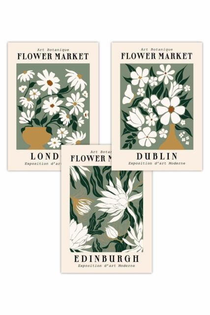 ARTZE Set of 3 Green Flower Market London Edinburgh Dublin Art Posters in Dark Green - Size: W50 cm x H70 cm - image 1