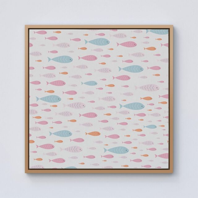 "Warren Reed - Designer Hand Drawn Swimming Fish Framed Canvas in Light Brown - Size: W16"" x H16""" - image 1
