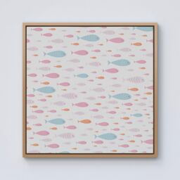 "Warren Reed - Designer Hand Drawn Swimming Fish Framed Canvas in Light Brown - Size: W16"" x H16""" - thumbnail 1