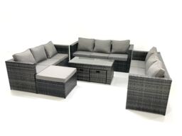 Fimous Outdoor Garden Furniture Set 7 Pieces Rattan Sofa Set with Coffee Table 3 Footstools Dark Grey Mixed - thumbnail 2