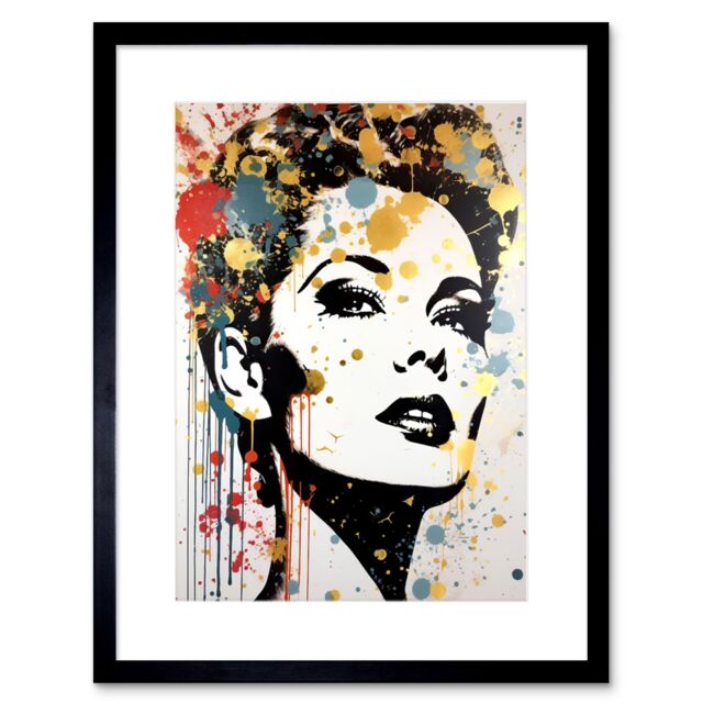 "Artery8 Wall Art Print High Contrast Female Retro Portrait Gold Red Yellow Splat Paint Teen Room Artwork Framed 9X7 Inch in Black - Size: W7"" x H9""" - image 1