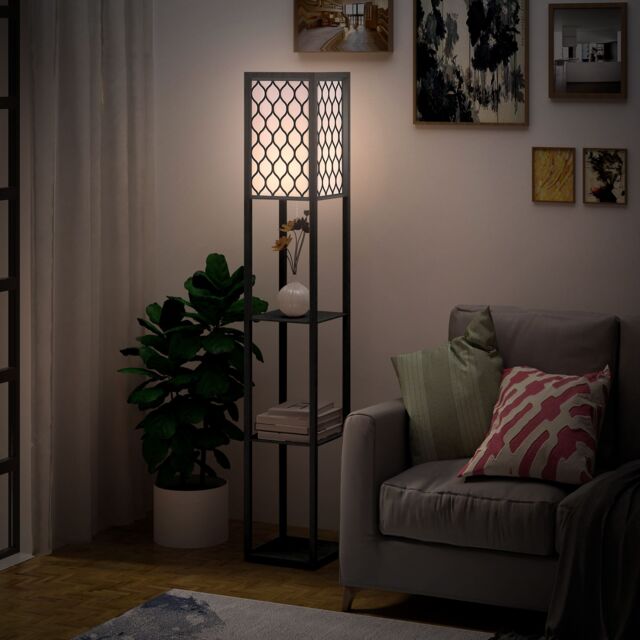 HOMCOM Modern Floor Lamp Light with 3 Shelves Fabric Lampshade Black