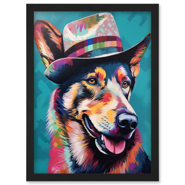 Artery8 German Shepherd with Fedora Hat Vibrant Portrait Artwork Framed Wall Art Print A4 in Black - image 1