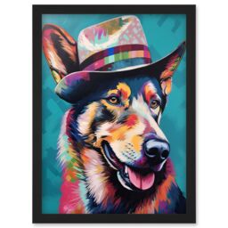 Artery8 German Shepherd with Fedora Hat Vibrant Portrait Artwork Framed Wall Art Print A4 in Black - thumbnail 1