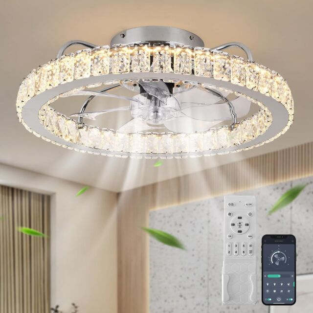 Garwarm LED Dimmable Semi Flush Mount Crystal Chrome Ceiling Fan in White - image 1