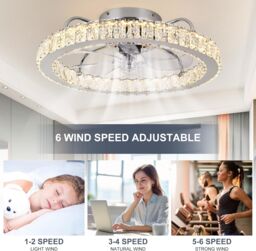 Garwarm LED Dimmable Semi Flush Mount Crystal Chrome Ceiling Fan in White - thumbnail 4