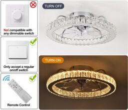 Garwarm LED Dimmable Semi Flush Mount Crystal Chrome Ceiling Fan in White - thumbnail 8