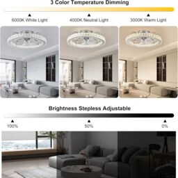 Garwarm LED Dimmable Semi Flush Mount Crystal Chrome Ceiling Fan in White - thumbnail 3