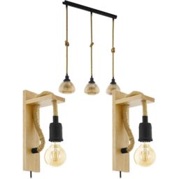 Loops Linear Ceiling Pendant & 2x Matching Wall Lights Black Rope & Amber Glass Shade - thumbnail 1