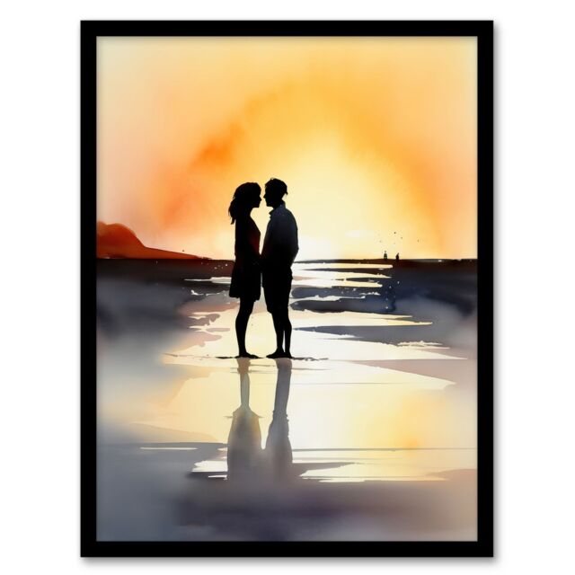 Artery8 Wall Art Print Kisses At Dawn Watercolour Painting Couple Kissing At Dawn Orange Grey Romantic Moment Between Lovers At A Coastal Landscape - image 1