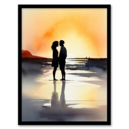 Artery8 Wall Art Print Kisses At Dawn Watercolour Painting Couple Kissing At Dawn Orange Grey Romantic Moment Between Lovers At A Coastal Landscape - thumbnail 1