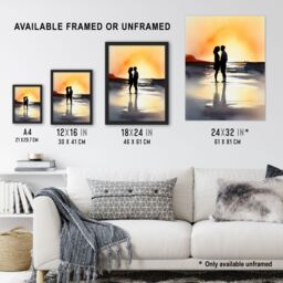 Artery8 Wall Art Print Kisses At Dawn Watercolour Painting Couple Kissing At Dawn Orange Grey Romantic Moment Between Lovers At A Coastal Landscape - thumbnail 3