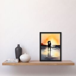 Artery8 Wall Art Print Kisses At Dawn Watercolour Painting Couple Kissing At Dawn Orange Grey Romantic Moment Between Lovers At A Coastal Landscape - thumbnail 4