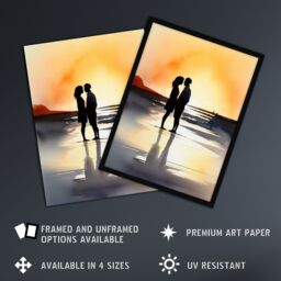 Artery8 Wall Art Print Kisses At Dawn Watercolour Painting Couple Kissing At Dawn Orange Grey Romantic Moment Between Lovers At A Coastal Landscape - thumbnail 2