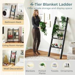 Costway 4-Tier Wooden Blanket Ladder 137 cm Wall Leaning Quilt Holder in Black - thumbnail 4