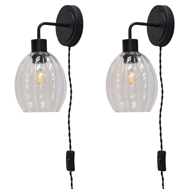First Choice Lighting Set of 2 Toby - Black Plug in Wall Lights Fluted Glass Shades - image 1