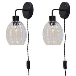 First Choice Lighting Set of 2 Toby - Black Plug in Wall Lights Fluted Glass Shades - thumbnail 1