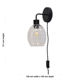 First Choice Lighting Set of 2 Toby - Black Plug in Wall Lights Fluted Glass Shades - thumbnail 6