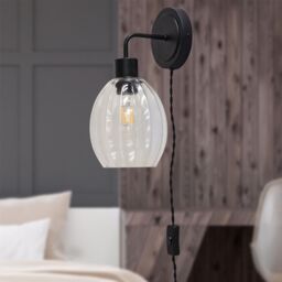 First Choice Lighting Set of 2 Toby - Black Plug in Wall Lights Fluted Glass Shades - thumbnail 4