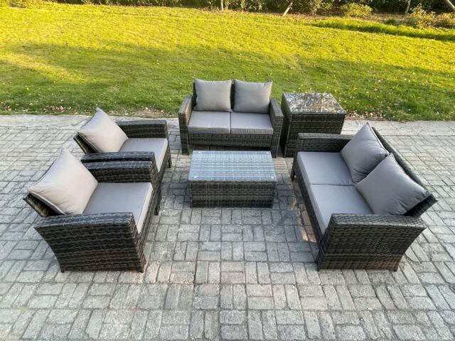 Fimous Garden Furniture Sets 6 Pieces Outdoor Rattan Furniture Manual Wicker Patio Sofa Chair Set with Coffee Table Side Table in Dark Grey