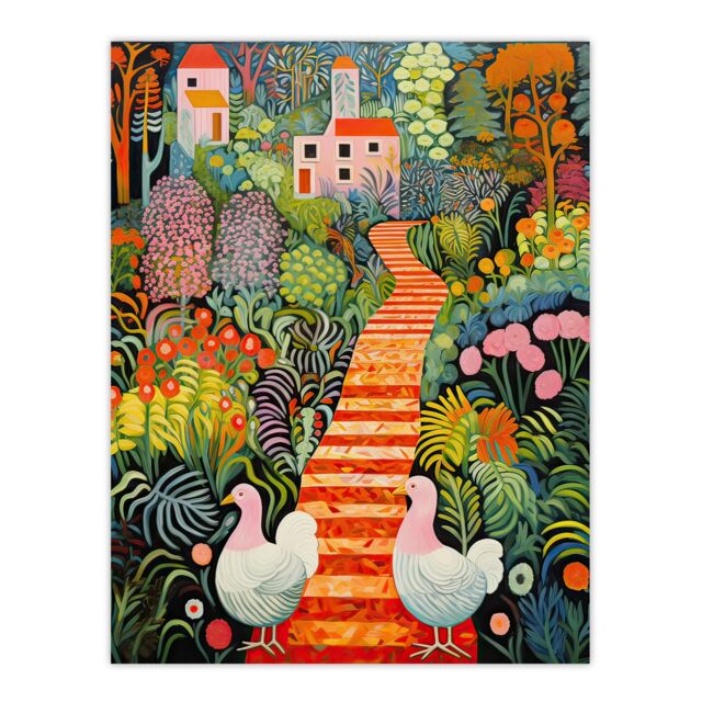 "Artery8 Wall Art Print Lush Garden Path with Hens & Colourful Blooms Poster Picture - Size: W18"" x H24""" - image 1
