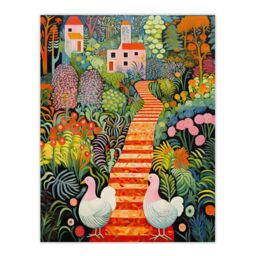 "Artery8 Wall Art Print Lush Garden Path with Hens & Colourful Blooms Poster Picture - Size: W18"" x H24""" - thumbnail 1