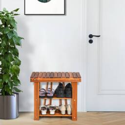 Costway Acacia Wood Shoe Rack Bench 3-Tier Shoe Organizer 50x28x45cm in Brown - Size: 50 x 28 x 45 cm - thumbnail 6