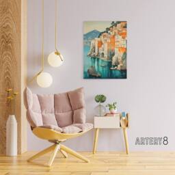 "Artery8 Amalfi Coast Coastal Village Houses Italy Canvas Wall Art Print in Blue - Size: W24"" x H32""" - thumbnail 3