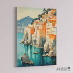"Artery8 Amalfi Coast Coastal Village Houses Italy Canvas Wall Art Print in Blue - Size: W24"" x H32""" - thumbnail 2