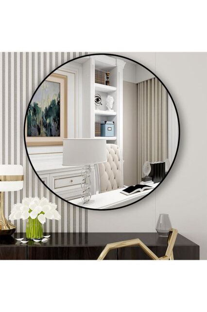 Nordic Round Bathroom Mirror - Metal Frame Wall Mirror for Hallway & Living Room in Black - Size: Small