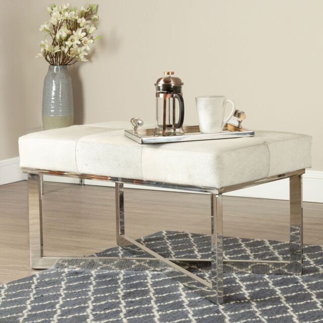 Orsina Genuine Leather Upholstered Grey Bench With Stainless Steel Base, Textured Upholster Seat, Grid Stitched Bench - image 1