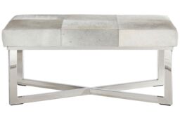 Orsina Genuine Leather Upholstered Grey Bench With Stainless Steel Base, Textured Upholster Seat, Grid Stitched Bench - thumbnail 6