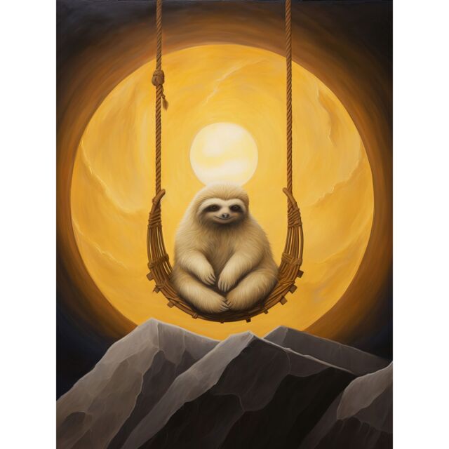 "Artery8 Wall Art Print The Lazy Overlord Sloth at Full Moon Abstract Surrealist Painting Poster in Yellow - Size: W12"" x H16""" - image 1